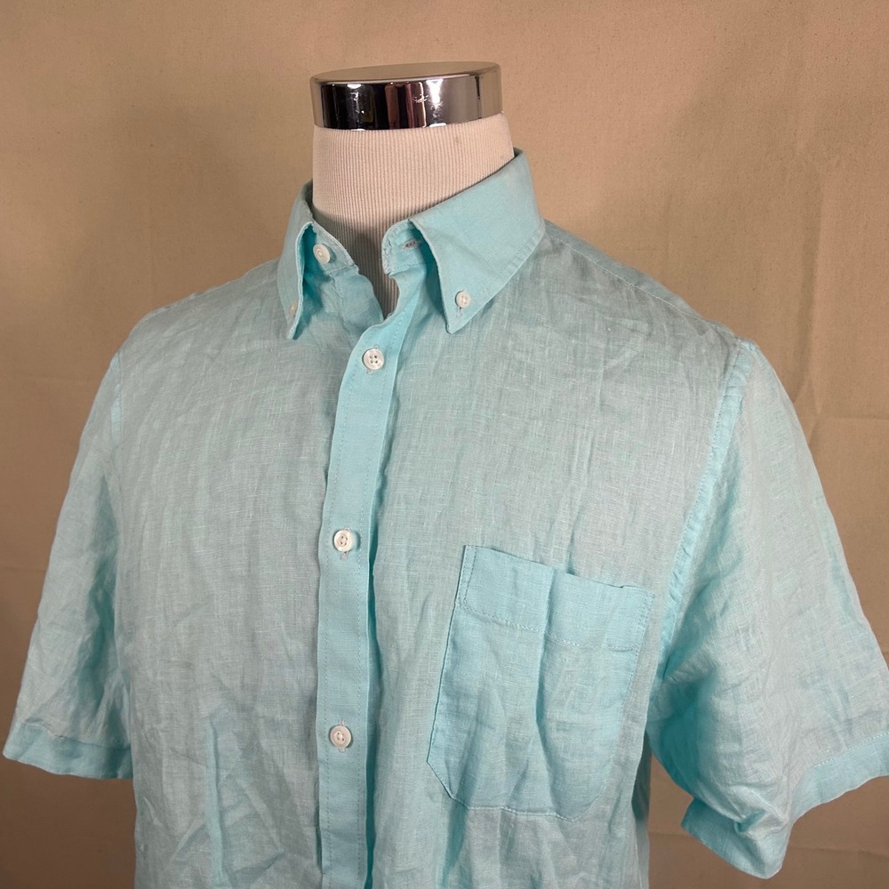 Nordstrom Large Regular Fit 100% Linen Button Down Shirt Aqua Solid Casual Mens